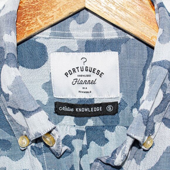 PORTUGUESE Flannel Blue Camo Button up Shirt Size Small - Picture 2 of 5